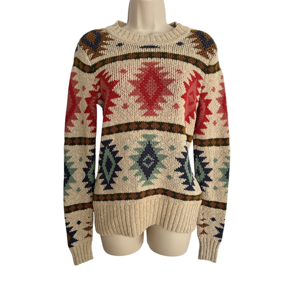 LL Bean Signature Sweater with Aztec Print 100% Cotton Women's XS